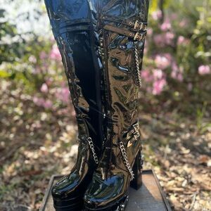 Glossy Black Over the Knee Boots with Chain Detail